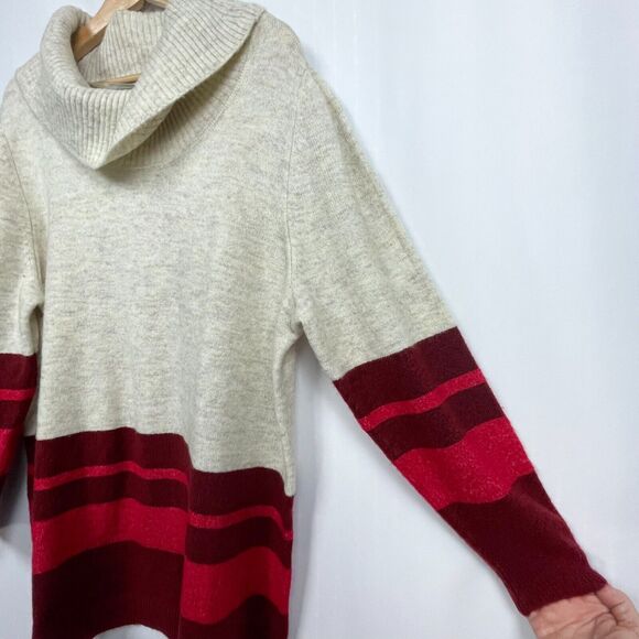 Lane Bryant Cowl Neck Tunic Striped Sweater Size 1X Oatmeal Cream Cranberry Knit - Picture 3 of 14